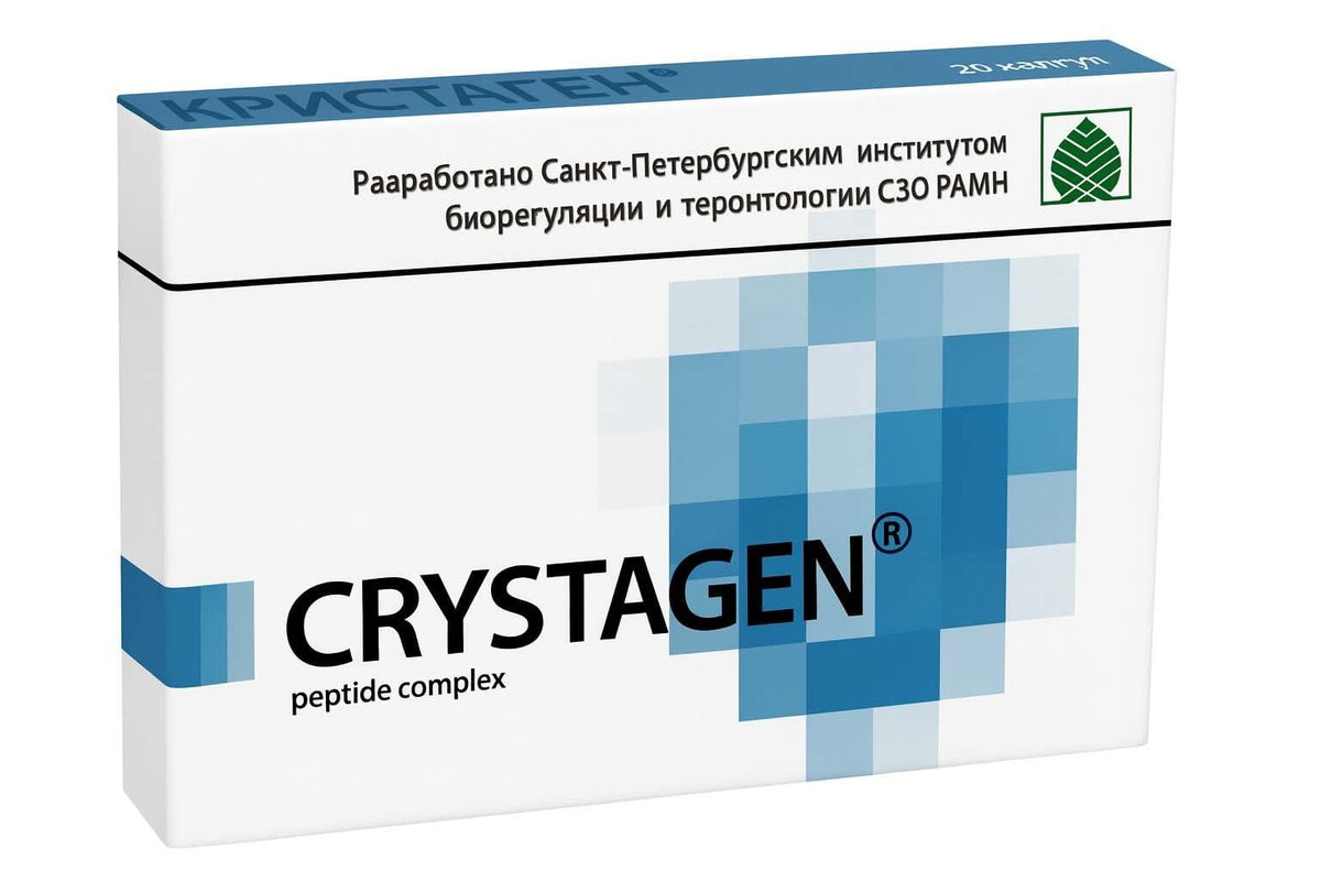 Box of Crystagen peptide complex with blue and white design on a white background