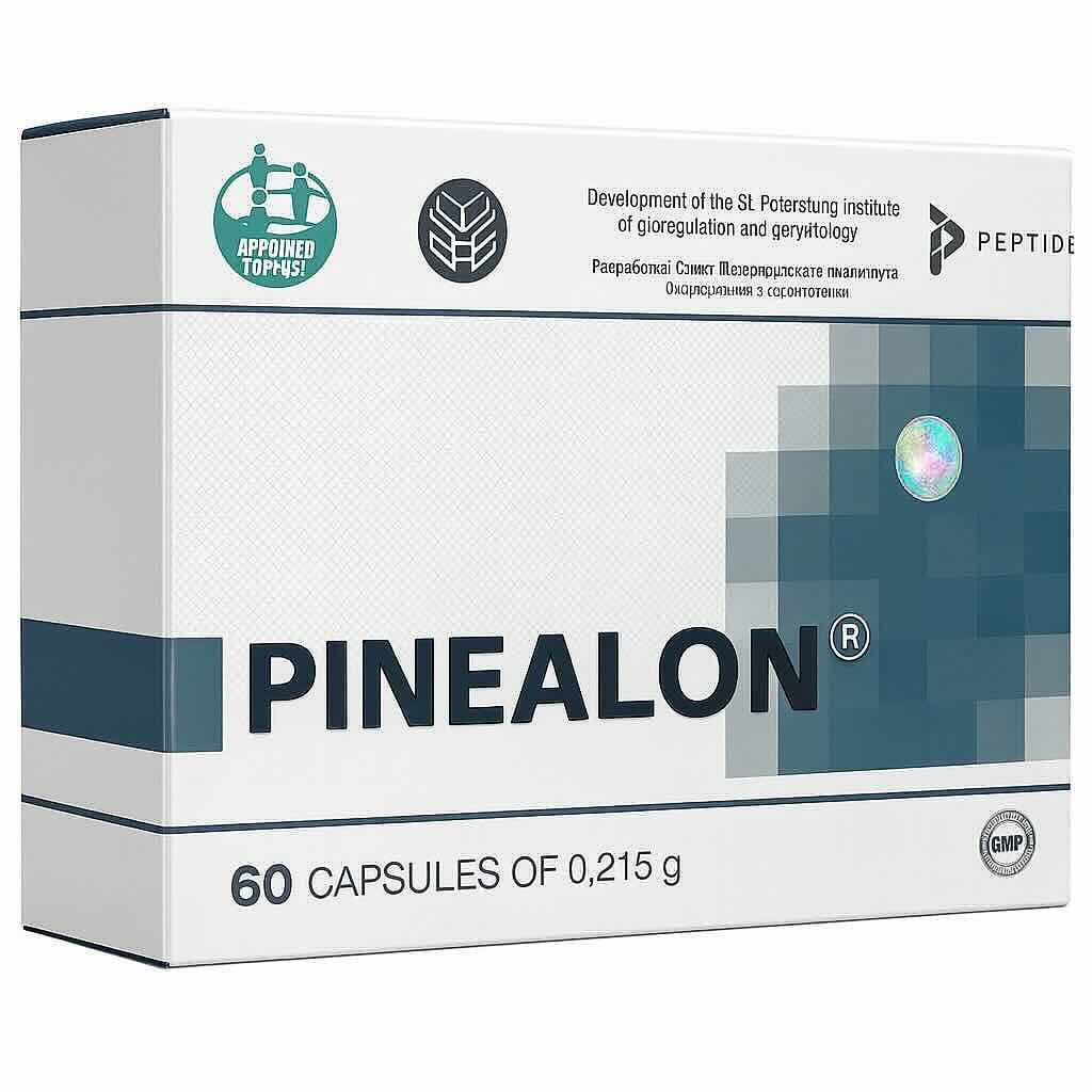 Box of Pinealon capsules with branding and product details on a white background